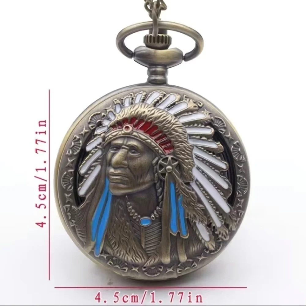 Pocket Watch Native American Traditional Headdress Hinged Flip Open Chain Pouch